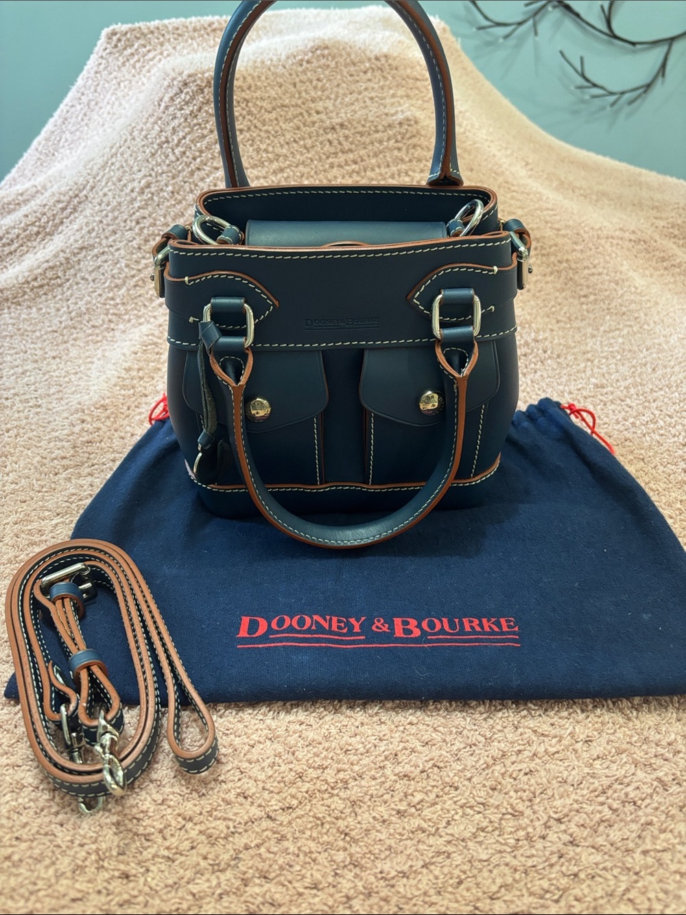 Dooney & Bourke Black Leather Satchel with Tan Trim